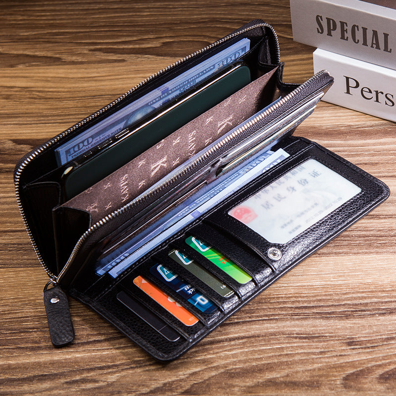 Men's First Layer Cowhide Vintage Business Zipper Multiple Handbags