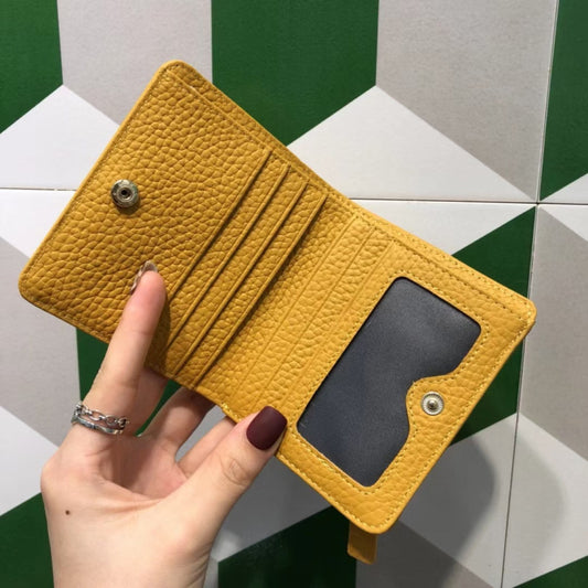 Korean Style Top Layer Cowhide Short Yellow Two Fold Ladies Wallets
