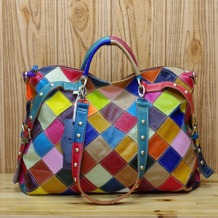 Women's Cowhide Leather Contrast Color Trendy Design Women's Handbag