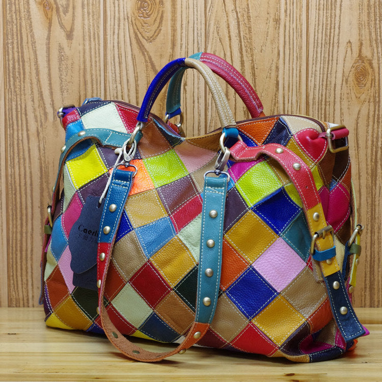 Women's Cowhide Leather Contrast Color Trendy Design Women's Handbag