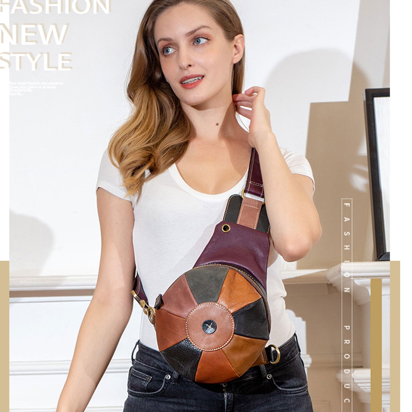 Women's Genuine Leather Fashion Trendy Patchwork Earphone Waist Packs