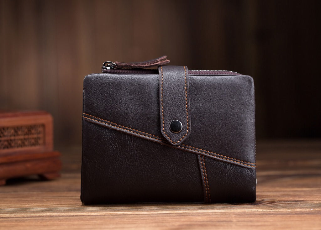 Men's Leather Short Portable Cowhide Zipper Change Ladies Wallets