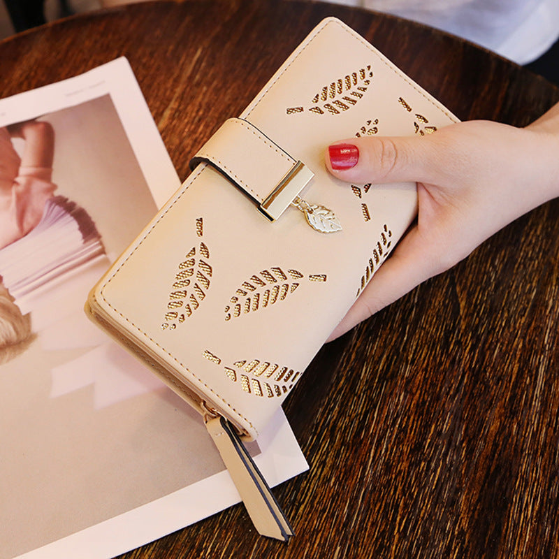 Women's Korean Long Fashion Clutch Hollow Leaves Zipper Bags