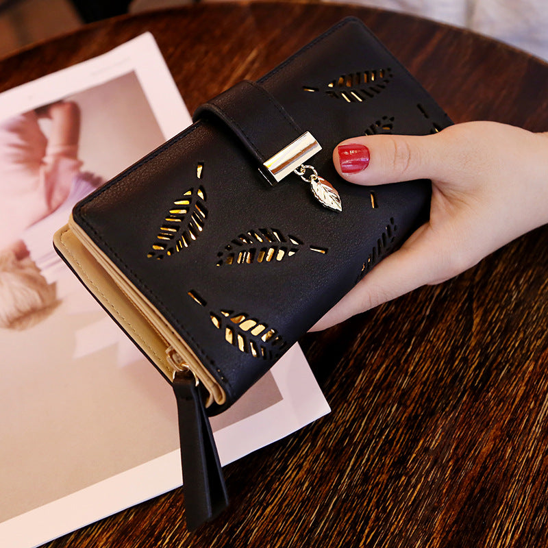 Women's Korean Long Fashion Clutch Hollow Leaves Zipper Bags