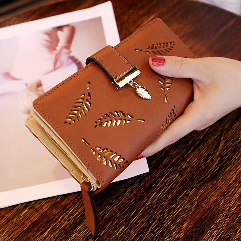 Women's Korean Long Fashion Clutch Hollow Leaves Zipper Bags