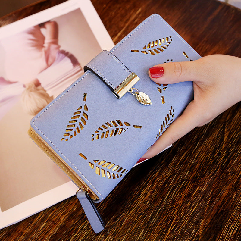 Women's Korean Long Fashion Clutch Hollow Leaves Zipper Bags