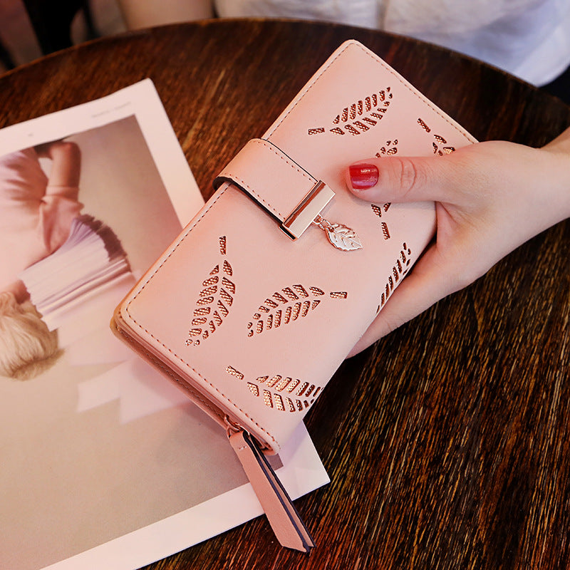 Women's Korean Long Fashion Clutch Hollow Leaves Zipper Bags
