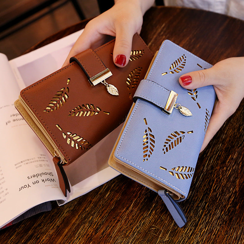 Women's Korean Long Fashion Clutch Hollow Leaves Zipper Bags