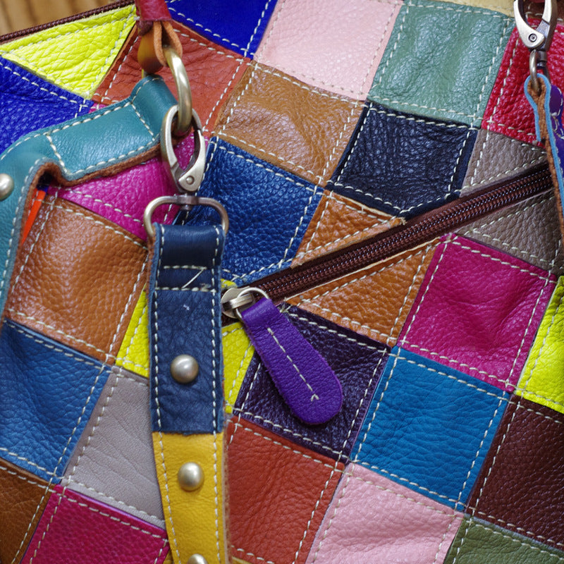 Women's Cowhide Leather Contrast Color Trendy Design Women's Handbag