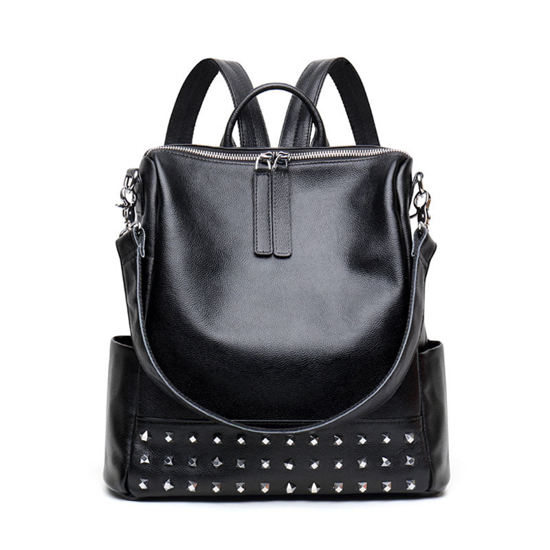 Women's Korean Fashionable Genuine Leather Personality Rivets Backpacks