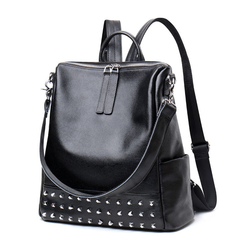 Women's Korean Fashionable Genuine Leather Personality Rivets Backpacks