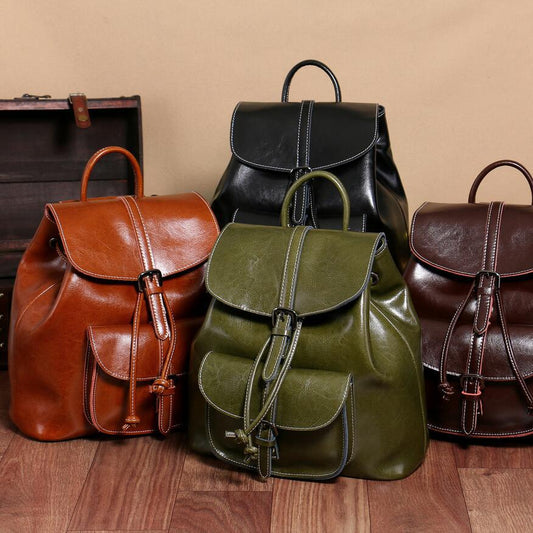 Women's Street Trend Leather Solid Color Sewing Backpacks