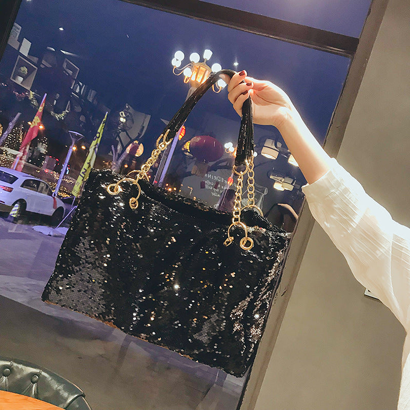 Women's Big Fashionable Portable Large Capacity Korean Style Color Change Sequins Shoulder Bags