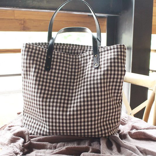 Cloth Handmade Brown Navy Blue Plaid Shoulder Bags