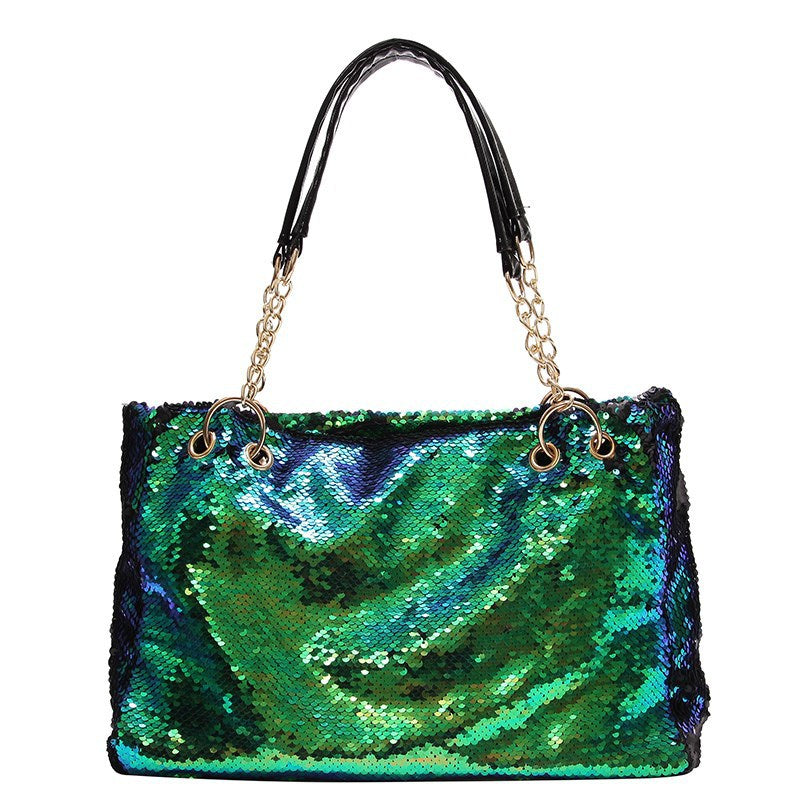 Women's Big Fashionable Portable Large Capacity Korean Style Color Change Sequins Shoulder Bags