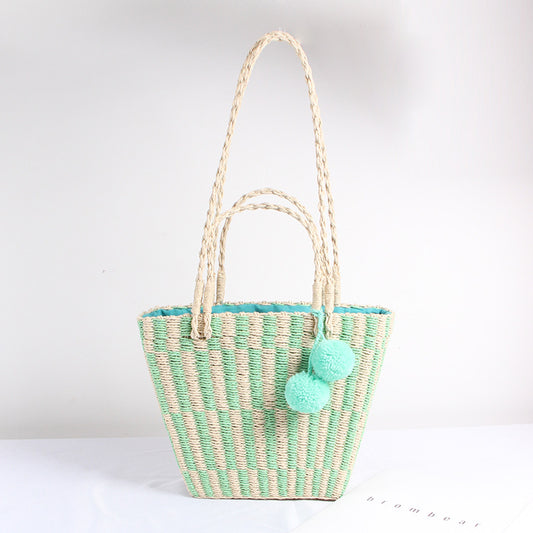 Women's Woven Fur Ball Large Capacity Straw Shoulder Bags