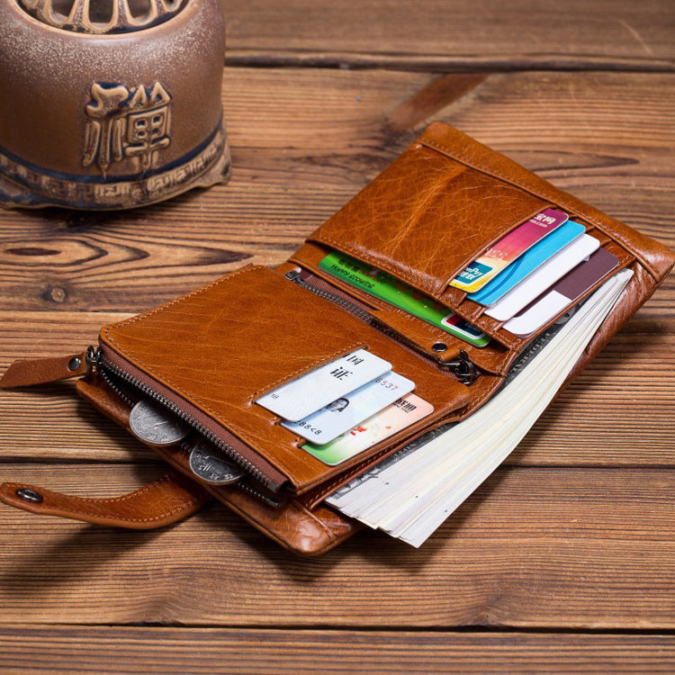 Men's Leather Short Portable Cowhide Zipper Change Ladies Wallets