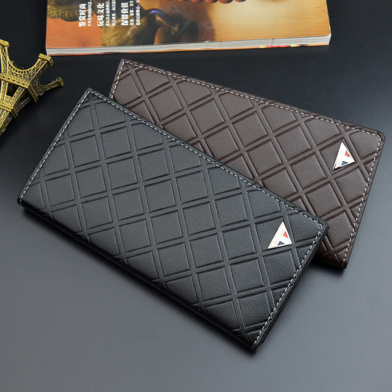 Men's Long Type Plaid Multiple Slots Thin Business Soft Leather Men's Wallet