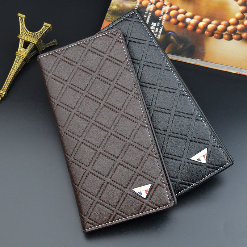 Men's Long Type Plaid Multiple Slots Thin Business Soft Leather Men's Wallet