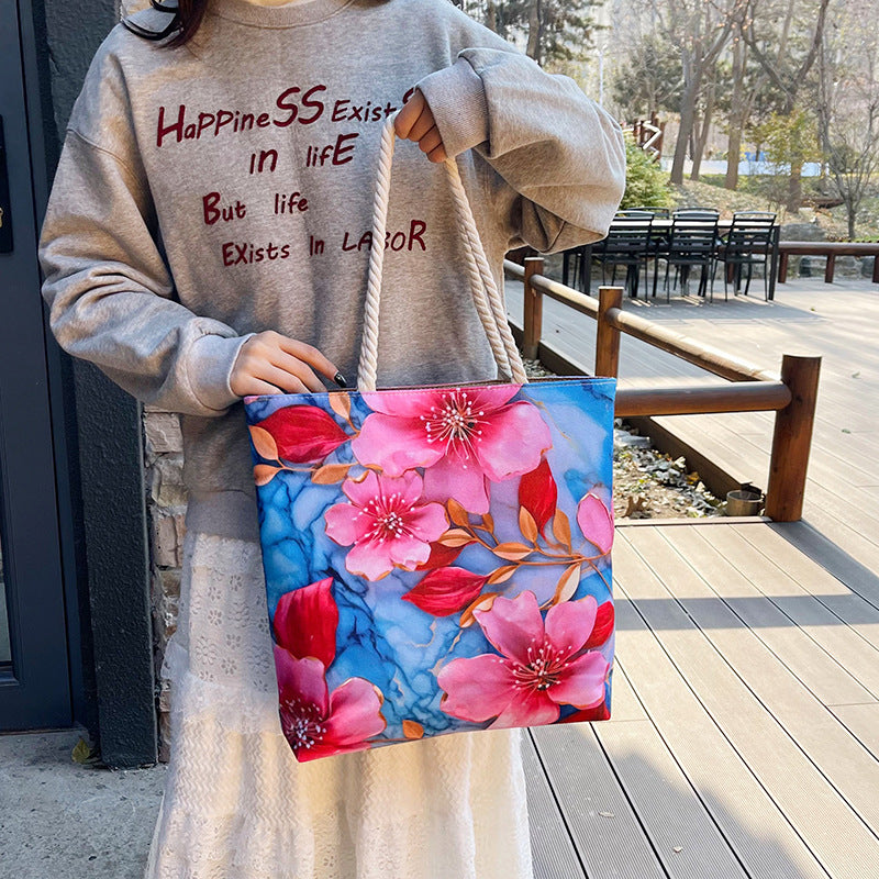 Double-sided Beach Imitation Linen Hot Printed Pattern Large Capacity Canvas Women's Shoulder Bag
