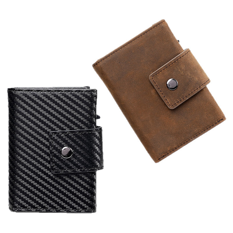 Men's Automatic Pop-up Tracking Clamp Genuine Leather Cassette Card Holder