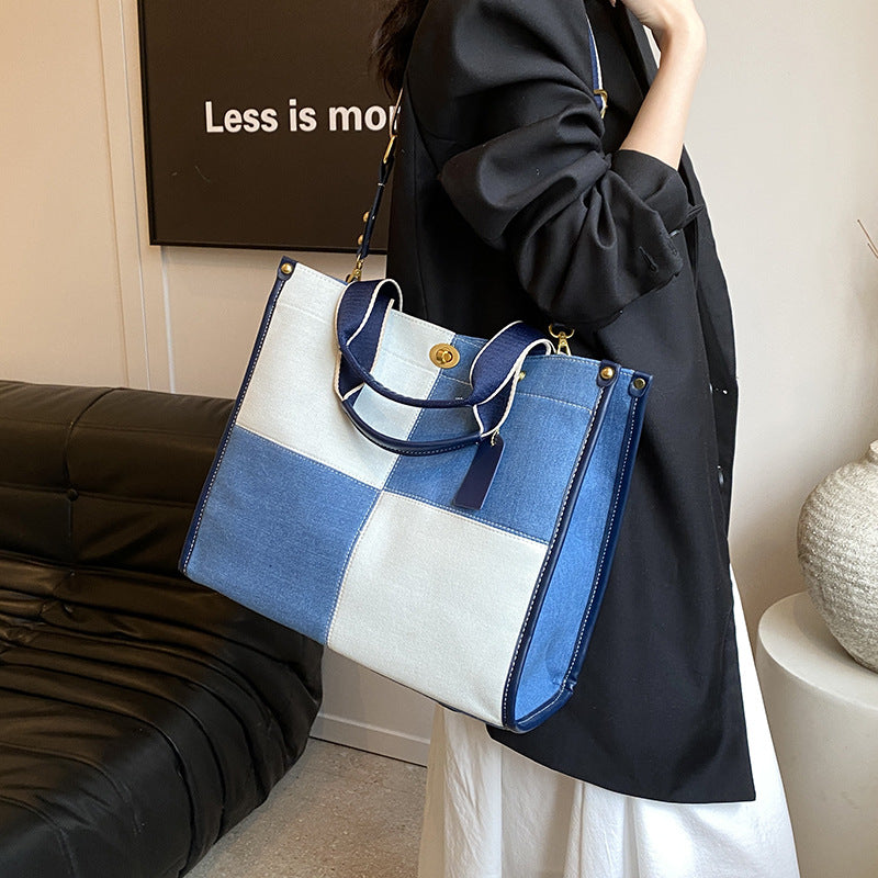 Women's Color Matching Canvas Large Capacity Fashionable Shoulder Bags