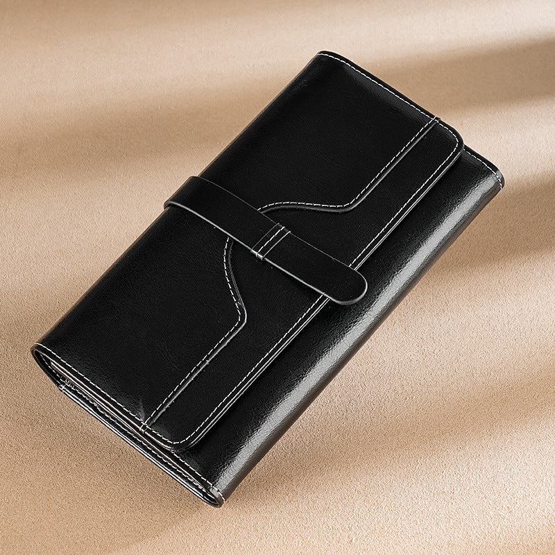 Women's Oil Wax Leather Long Multiple Slots Cowhide Ladies Wallet
