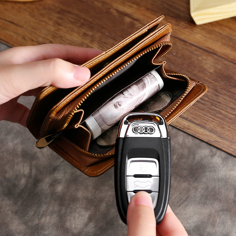 Men's Oil Wax Leather Short Zipper Multifunctional Men's Wallet