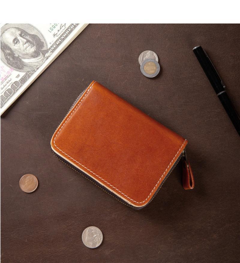 Men's Cowhide Short Genuine Vertical Zipper Green Purses