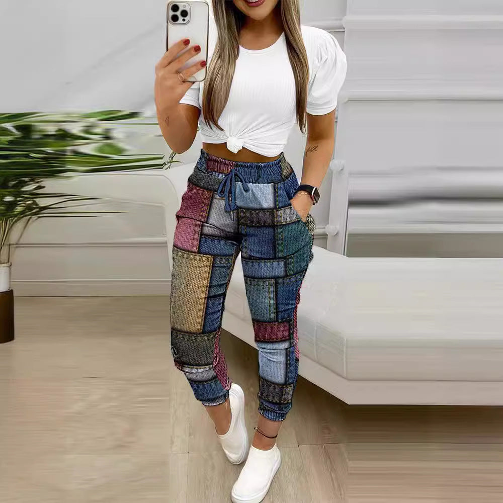 Women's Two-piece Short-sleeved Commuter Printed Drawstring Trousers Suits
