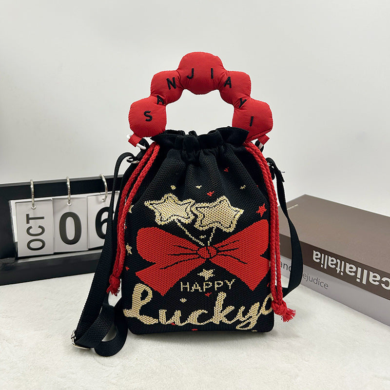 Woven Jacquard Female Drawstring Pocket Cartoon Knitted Wool Flying Phone Bags