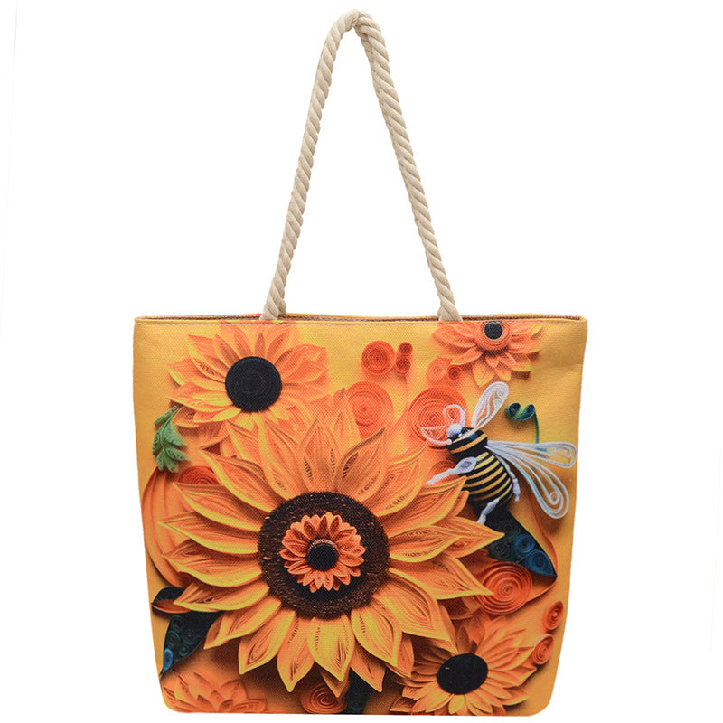 Double-sided Beach Imitation Linen Hot Printed Pattern Large Capacity Canvas Women's Shoulder Bag