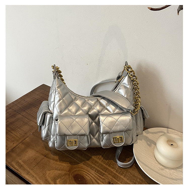 Women's Diamond Pattern Chain Design Motorcycle Underarm Crossbody Bags