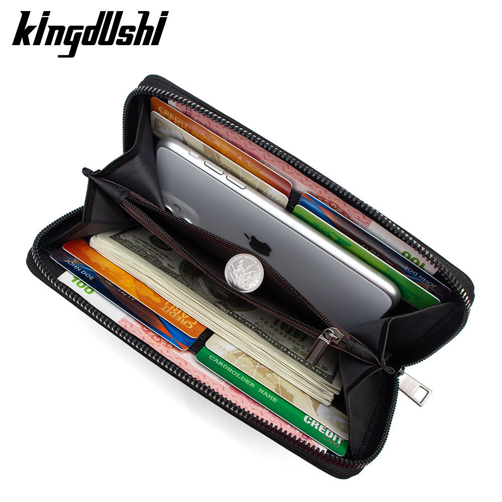 Men's Brushed Leather Pattern Long Clutch Large Capacity Change Wrist Strap Men's Wallet