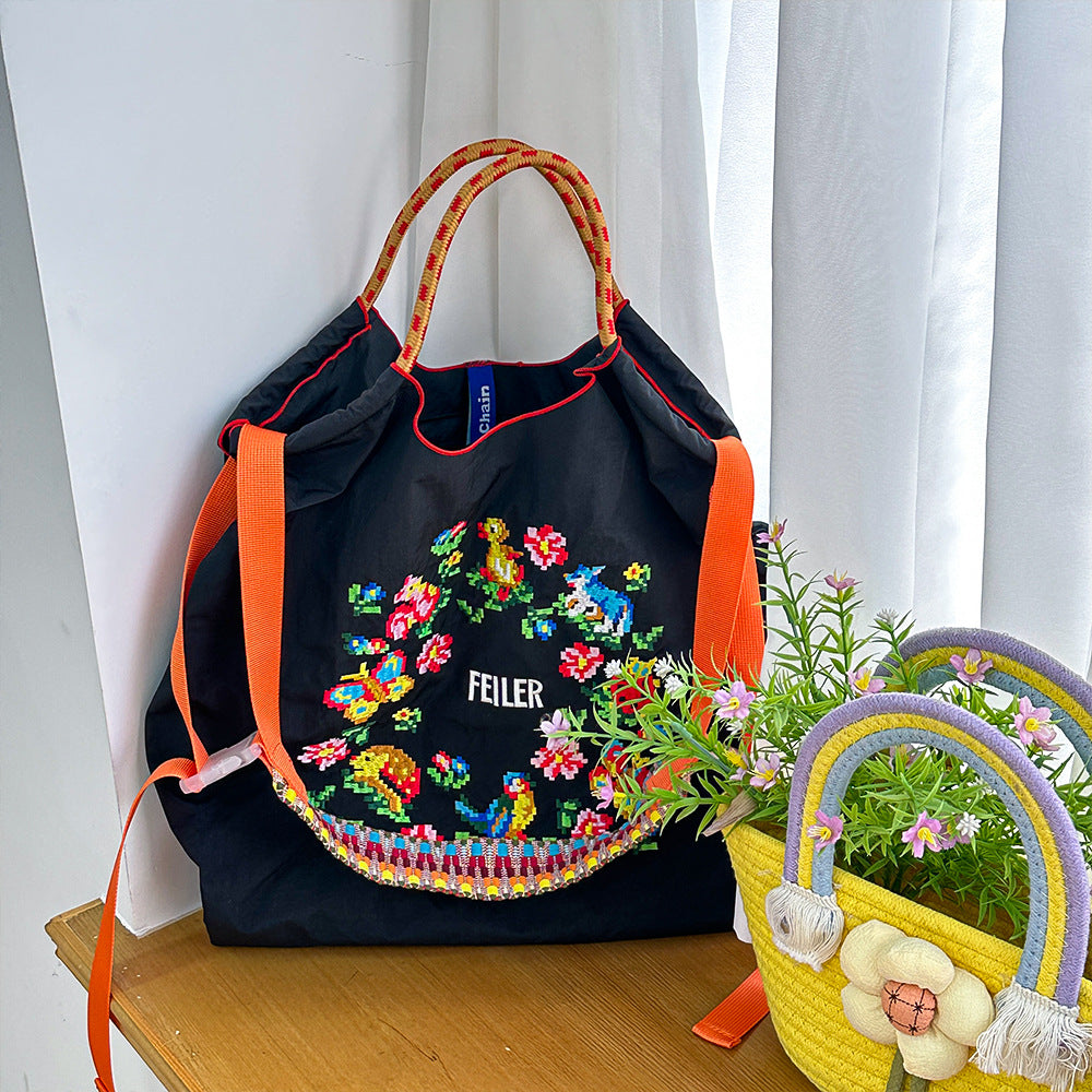 Nylon Needle Embroidered Fashion Commuter Large Capacity College Women's Shoulder Bag