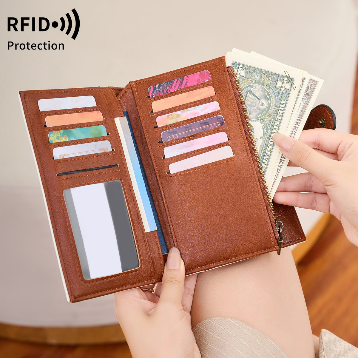 Women's Swiping Leather Multiple Slots Trifold Fashion Ladies Wallet