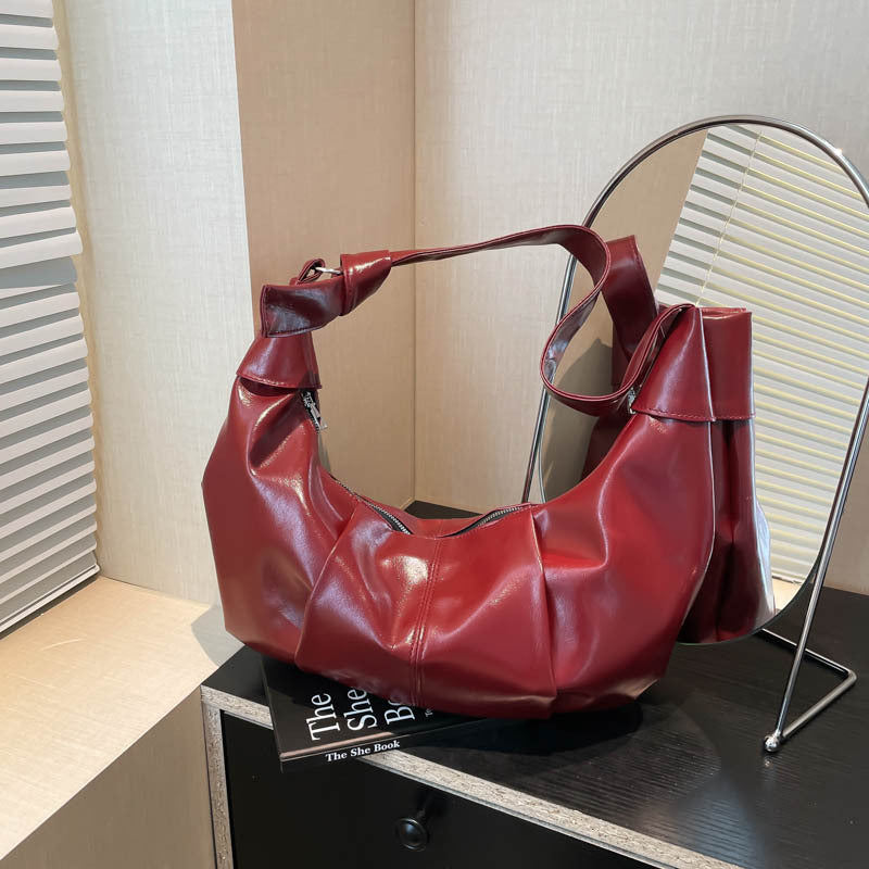 Korean Style Large Capacity Retro Soft Surface Pleated Idle Solid Bags