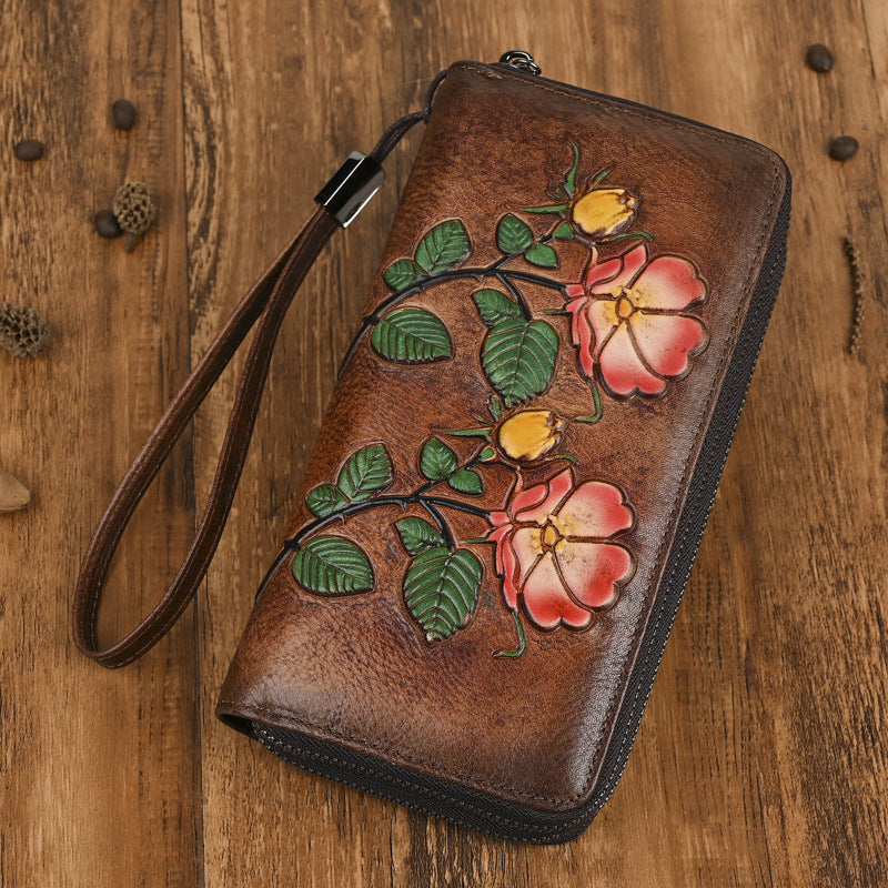 Women's Retro Zipper Long Genuine Leather Clutch Multiple Ladies Wallet
