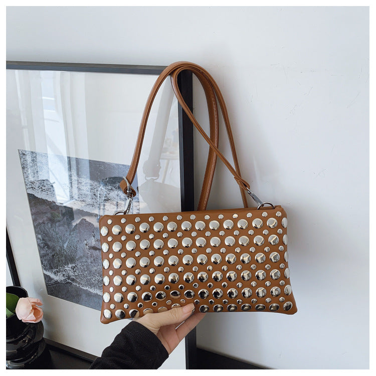 Women's Rivet Shiny Textured Wide Strap Small Square Bags
