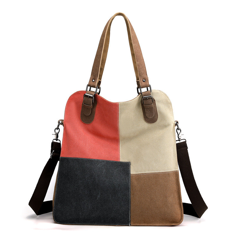 Women's Fashion Retro Patchwork Large Capacity Canvas Handbags