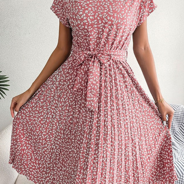 Slouchy Casual Sleeve Floral Print Pleated Dresses