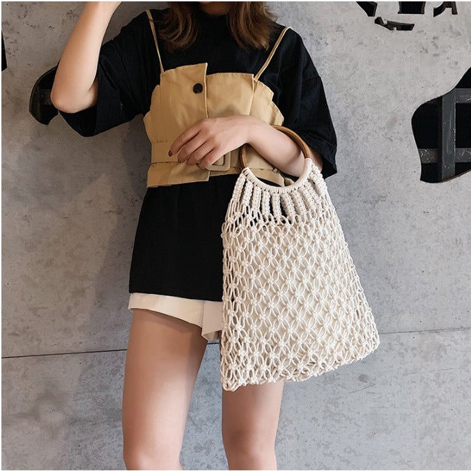 Hand-woven Mesh Cotton Thread Hollow Straw Summer Vacation Beach Women's Handbag