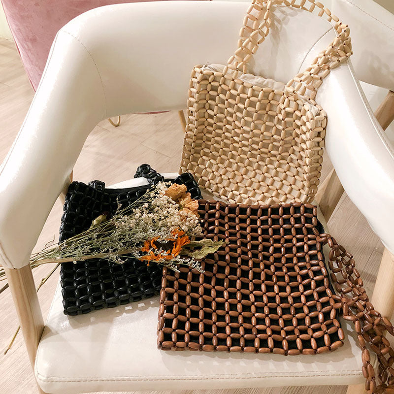 Autumn Large Capacity Wooden Bead Handmade Beaded Weave Shoulder Bags
