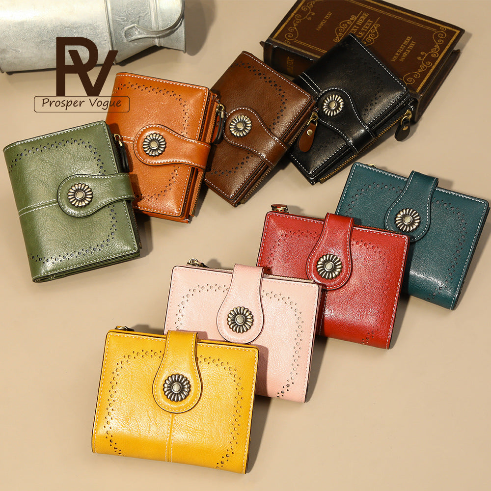 Women's Short Retro Oil Wax Skin Ladies Wallet