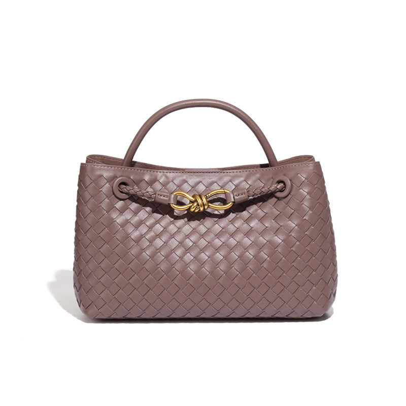 Women's Design Metal Cord Fastener Authentic Leather Weave Portable Shoulder Bags