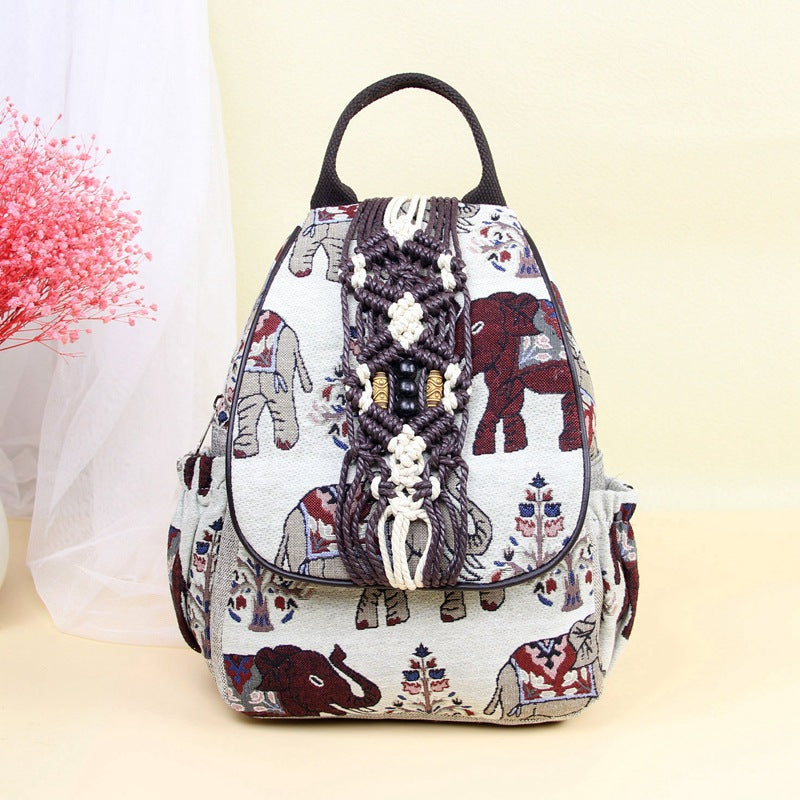 Layer Zipper Elephant Cotton Linen Retro Backpacks
