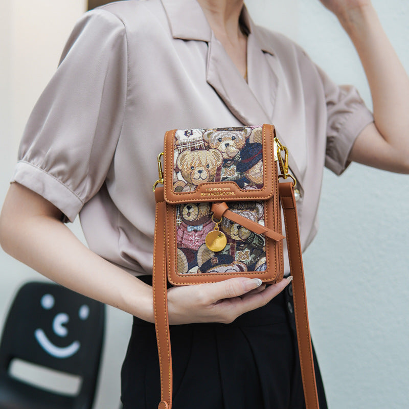 Women's Simplicity Fashion Cuteness Bear Printed Embroidered Shoulder Bags