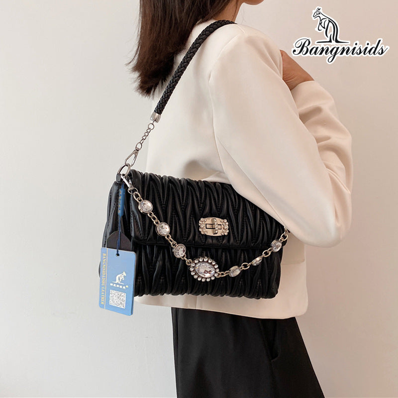 Women's Fashion Chain Pleated Cloud Black Shoulder Bags