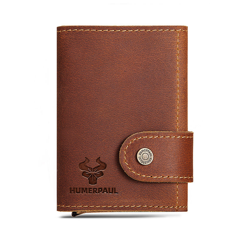 Men's Crazy Horse Leather Automatic Metal Cartridge Card Holder