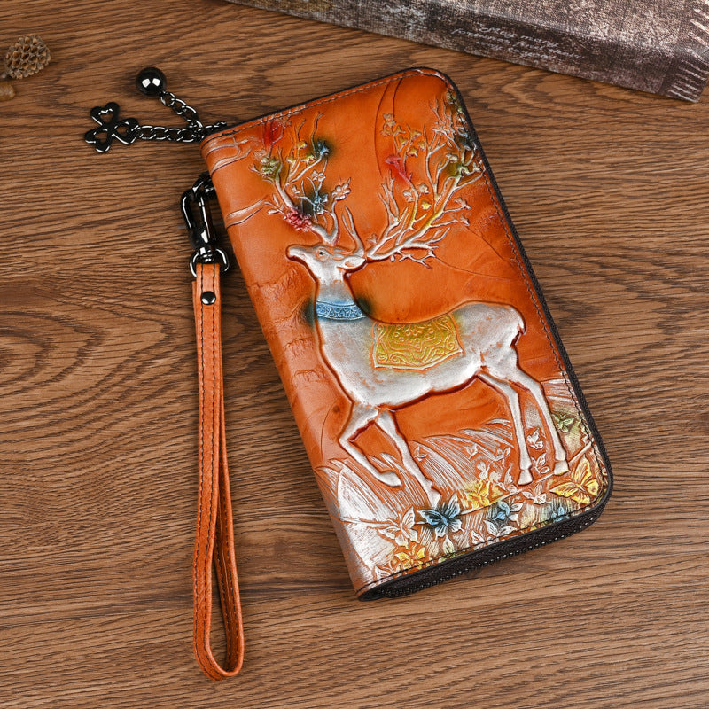 Cowhide Deer Head Embossed Multiple Slots Purses